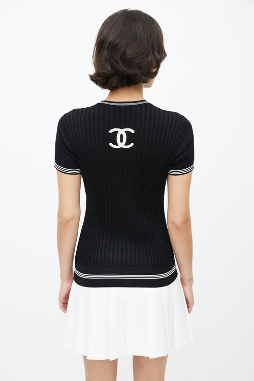 Chanel SS 2019 Black 
White Ribbed Knit Collegiate Top