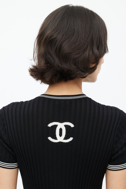 Chanel SS 2019 Black 
White Ribbed Knit Collegiate Top