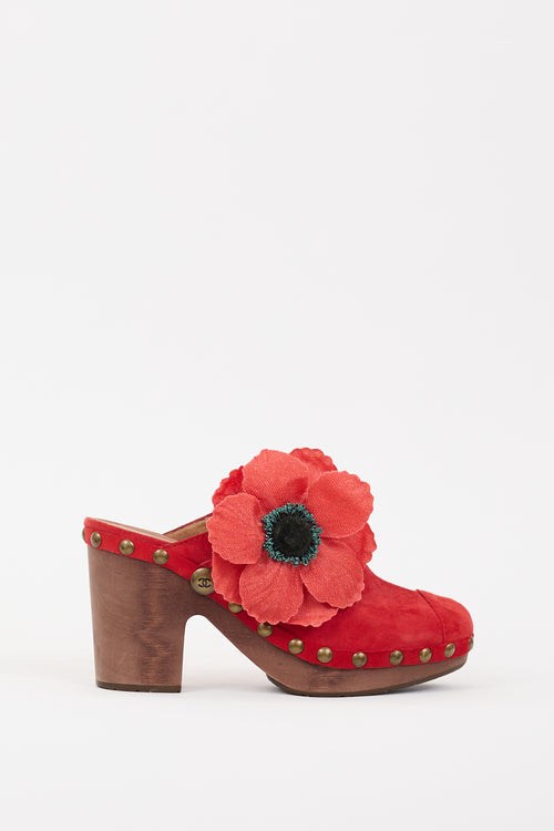 Chanel SS 2010 Red Suede Camelia Embellished Wooden Mule