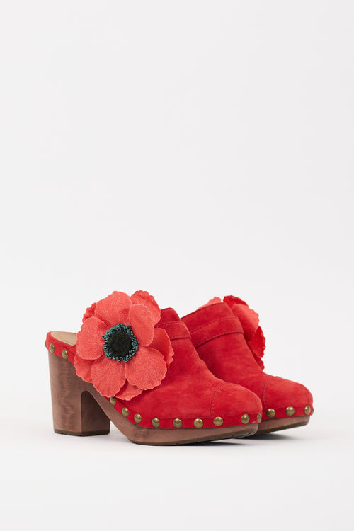 Chanel SS 2010 Red Suede Camelia Embellished Wooden Mule