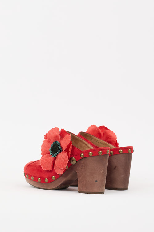 Chanel SS 2010 Red Suede Camelia Embellished Wooden Mule