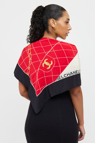 Chanel Red 
Black 2.55 Bag Print Scarf