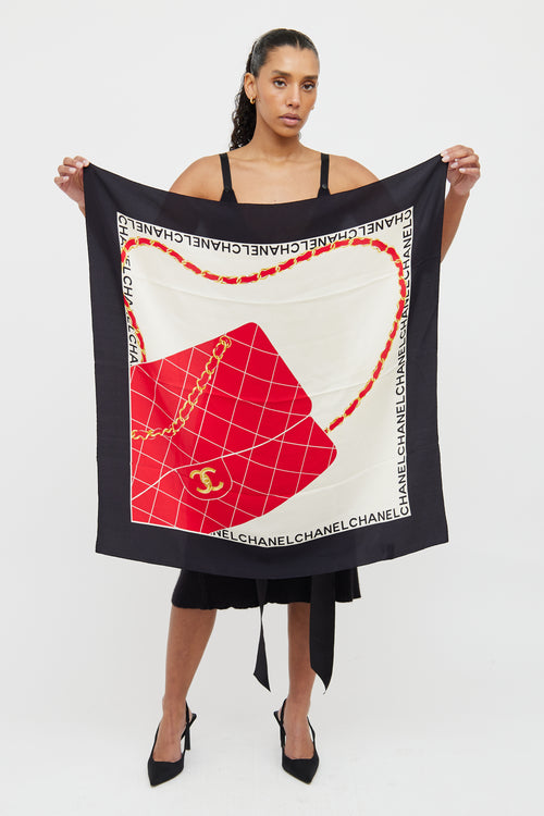 Chanel Red 
Black 2.55 Bag Print Scarf