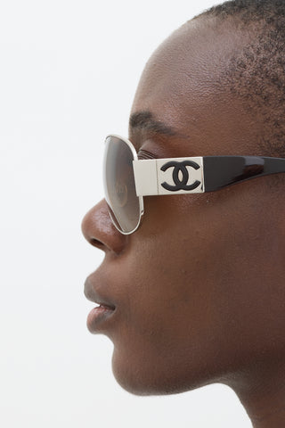 Chanel Silver 
Burgundy 4128 Aviator Sunglasses