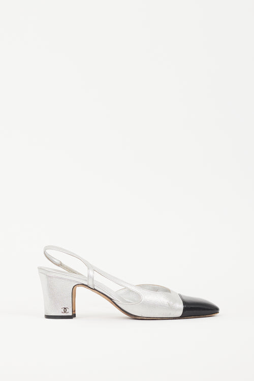 Chanel Silver Leather 
Black CC Slingback Pump