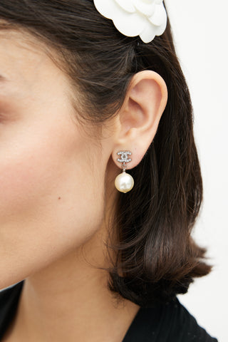 Chanel Silver Pearl Embellished Logo Earring