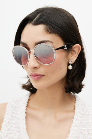 Chanel Silver 
Pink 71430 Crystal Circular Sunglasses