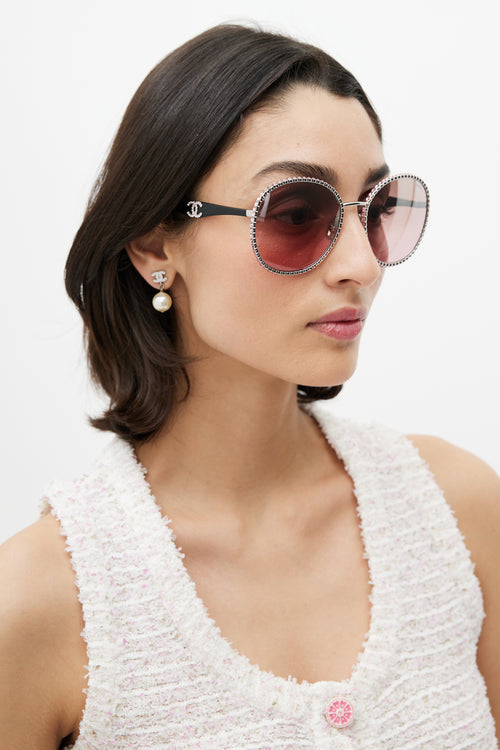 Chanel Silver 
Pink 71430 Crystal Circular Sunglasses