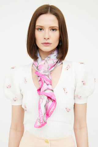 Chanel Pink 
Multi Camellia Printed Scarf