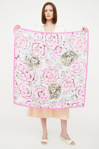 Chanel Pink 
Multi Camellia Printed Scarf