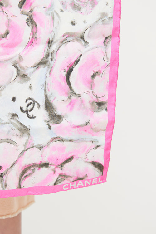 Chanel Pink 
Multi Camellia Printed Scarf