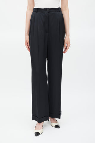 Chanel Spring 2002 Black Silk Cuffed Wide Leg Trouser