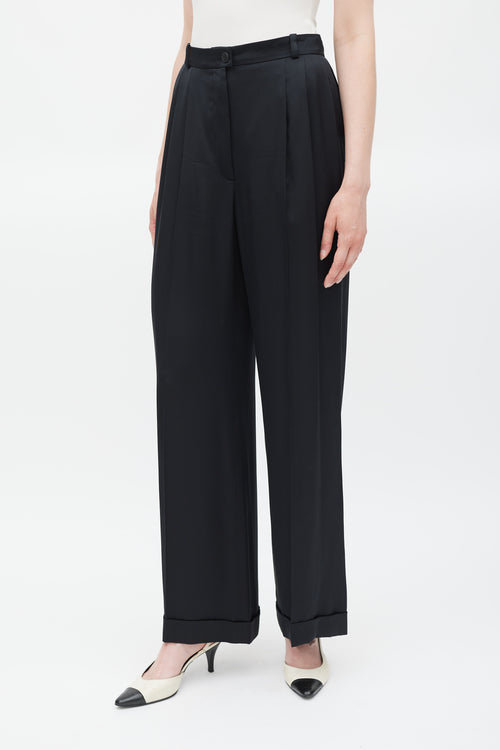 Chanel Spring 2002 Black Silk Cuffed Wide Leg Trouser