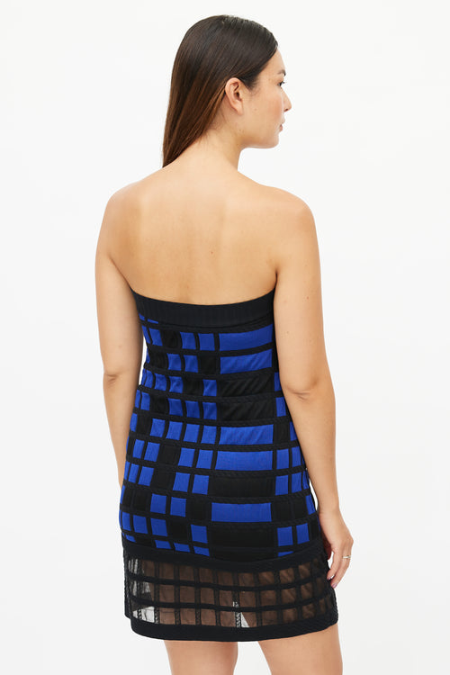 Chanel Spring 2013 Black 
Blue Checked Strapless Dress