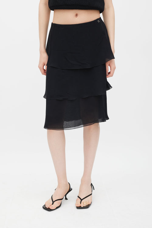 Chanel Transition 2000 Black Silk Ruffle CC Skirt