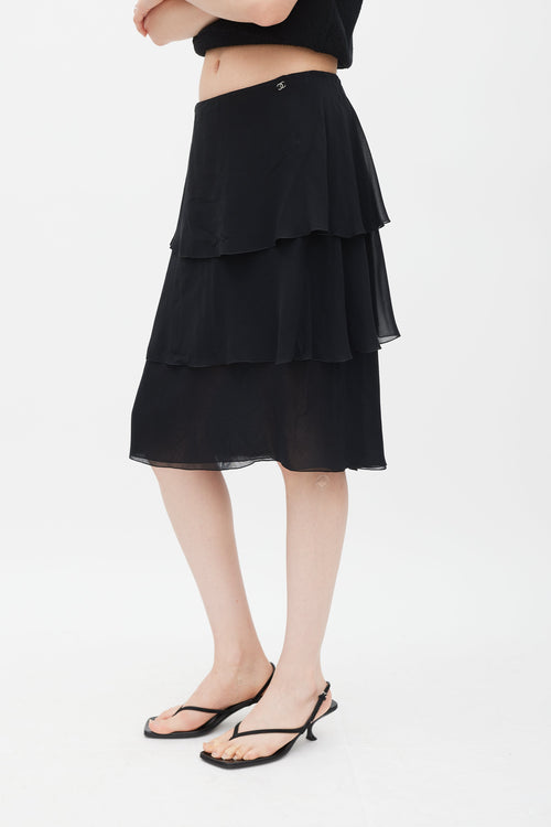 Chanel Transition 2000 Black Silk Ruffle CC Skirt