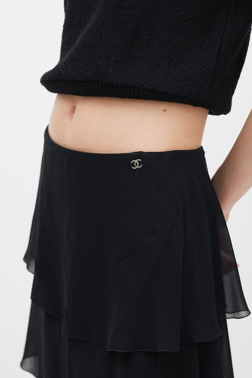 Chanel Transition 2000 Black Silk Ruffle CC Skirt