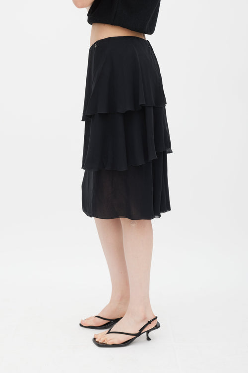 Chanel Transition 2000 Black Silk Ruffle CC Skirt