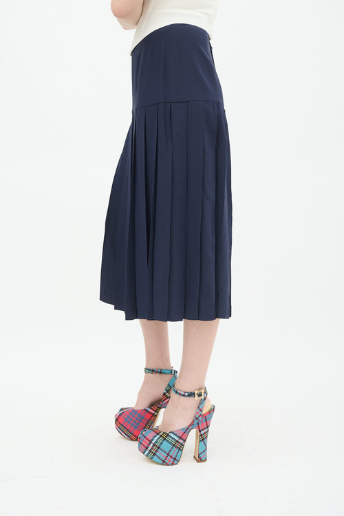 Chanel Vintage Navy Drop Waist Pleated Midi Skirt