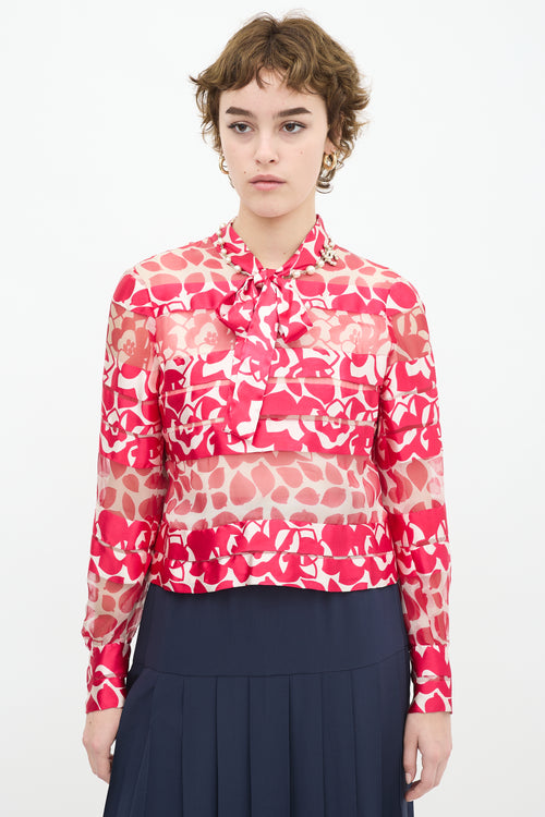 Chanel Vintage Pink 
White Silk Floral Panelled Top