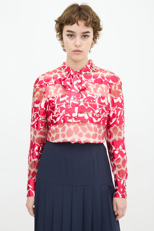 Chanel Vintage Pink 
White Silk Floral Panelled Top