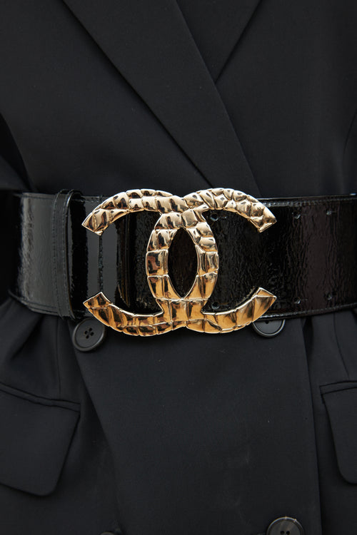 Chanel FW 2007 Black Patent Leather Oversized Logo Belt