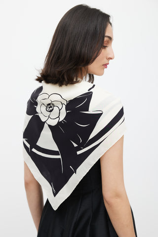 Chanel White 
Black Flower Print Scarf