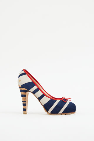 Chanel Navy 
Cream Sude Striped Heel