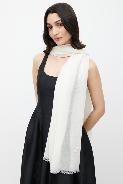 Chanel White Cashmere CC Embroider Scarf