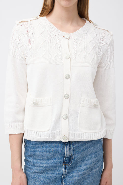 Chanel White Cotton Knit CC Button Cardigan