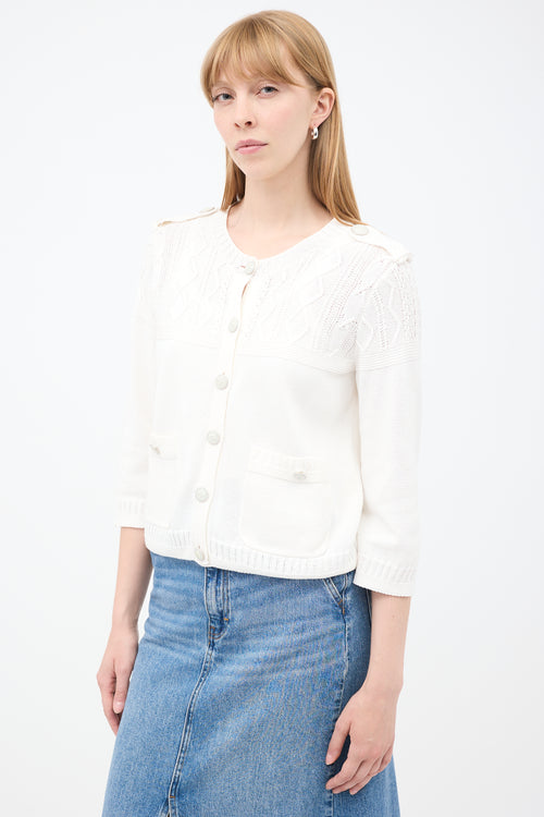 Chanel White Cotton Knit CC Button Cardigan