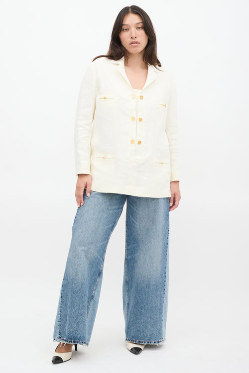 Chanel White Linen Button Up Tunic Blazer