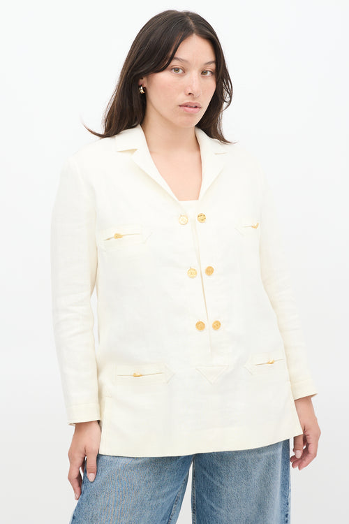 Chanel White Linen Button Up Tunic Blazer