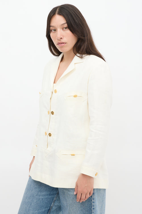 Chanel White Linen Button Up Tunic Blazer