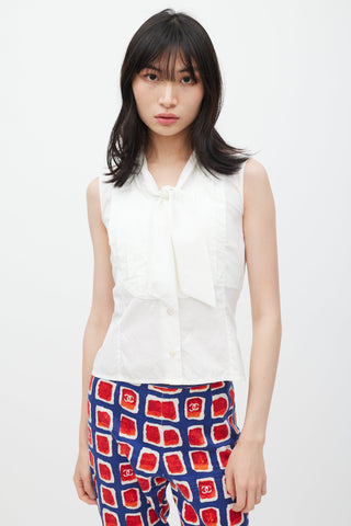 Chanel White Pleated Neck Tie Sleeveless Shirt