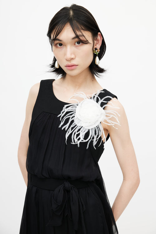 Chanel White Silk 
Feather Camellia Brooch