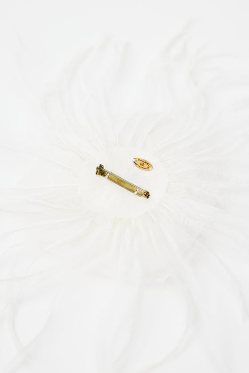 Chanel White Silk 
Feather Camellia Brooch