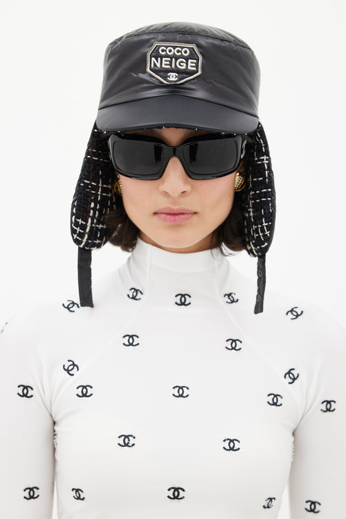 Chanel Winter 2018 Black Puffer 
Tweed Trapper Hat