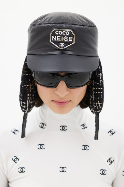 Chanel Winter 2018 Black Puffer 
Tweed Trapper Hat