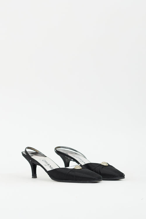 Chanel Black Satin CC Crystal Slingback Pump