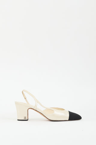 Chanel Cream Leather 
Black CC Slingback Pump