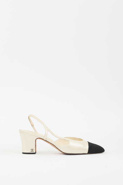 Chanel Cream Leather 
Black CC Slingback Pump