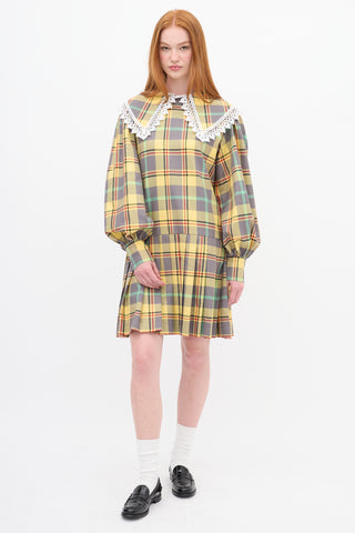 Charles Jeffrey Loverboy Yellow 
Multi Plaid Pleated Babydoll Mini Dress