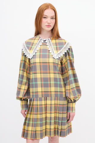 Charles Jeffrey Loverboy Yellow 
Multi Plaid Pleated Babydoll Mini Dress