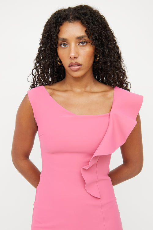 Pink Ruffle Slit Midi Dress