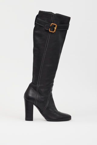 Chloé Black Leather Buckled Knee High Boot