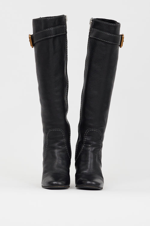 Chloé Black Leather Buckled Knee High Boot