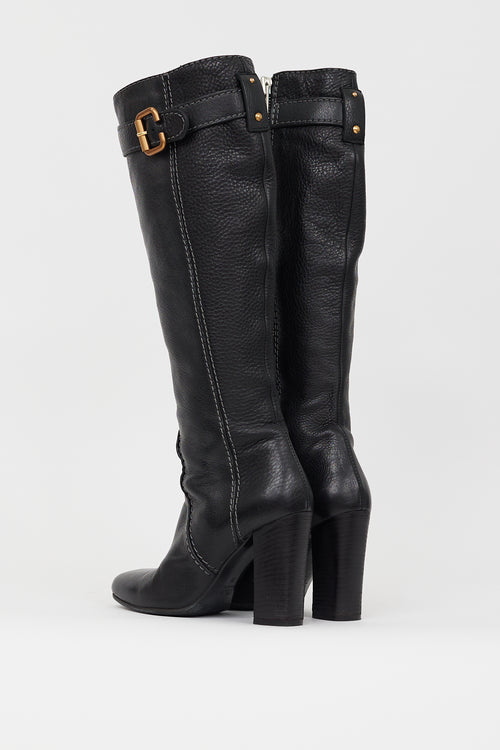 Chloé Black Leather Buckled Knee High Boot