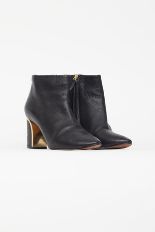 Chloé Black Leather 
Gold Block Heel Boot