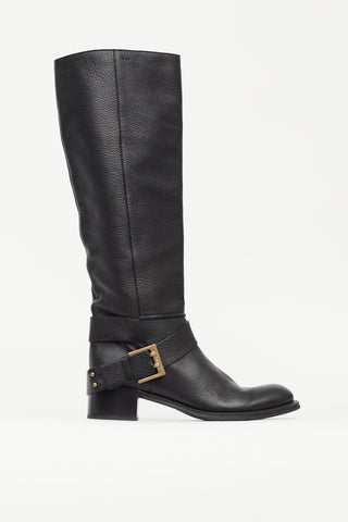 Chloé Black Pebbled Leather Gold Buckle Boot